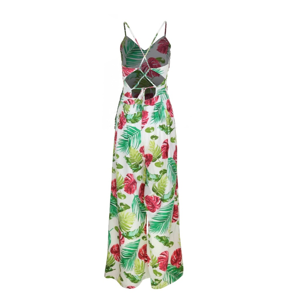 Floral Wide Leg Backless White red Jumpsuit romper - Picture 6 of 8